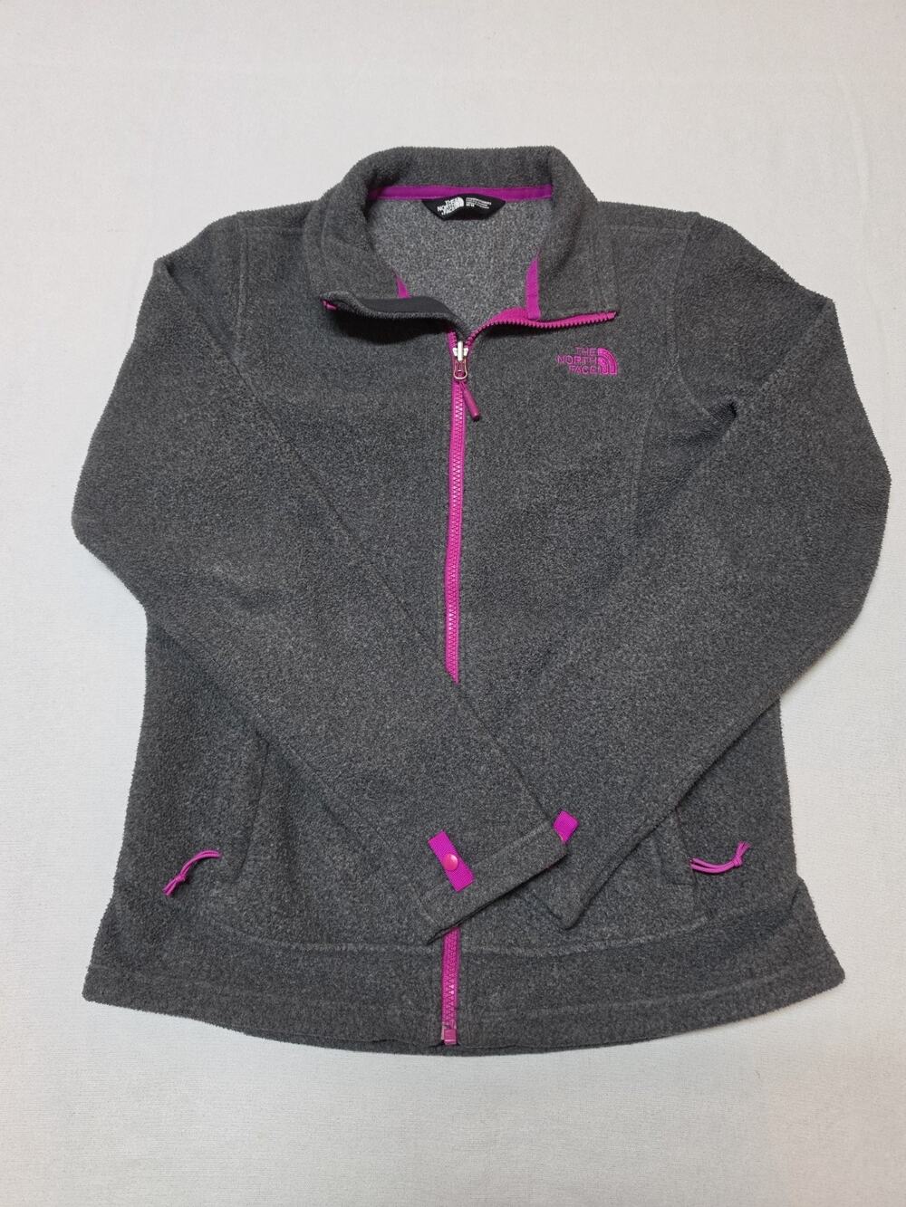 The North Face Womens Medium Gray Fleece Jacket Full Zip Pink Trim Pockets